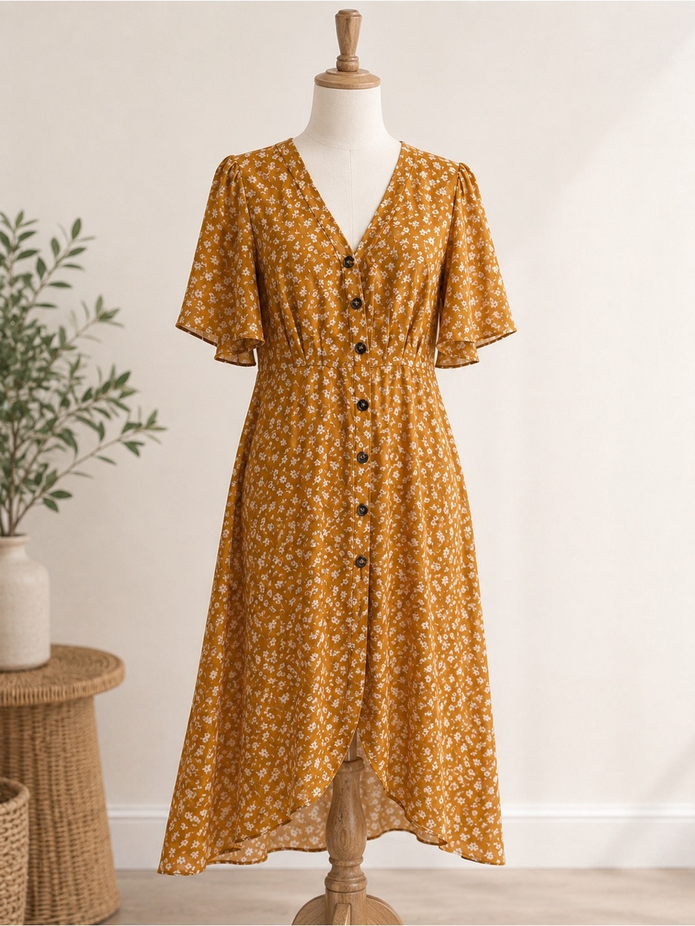 Philosophy Golden Mustard Floral Button-Front Maxi Dress